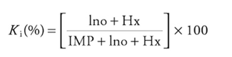 Ki(%) = ((Ino + Hx) / (IMP + Ino + Hx)) * 100 mathematical expression of Ki